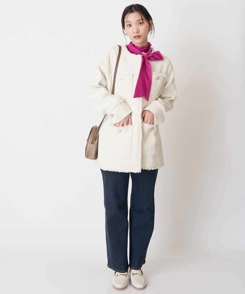 a.v.v（アーヴェヴェ）の「ツイードミドルジャケット（ノーカラージャケット・レディース・ホワイト/ブラック・38/36）」の3枚目の写真