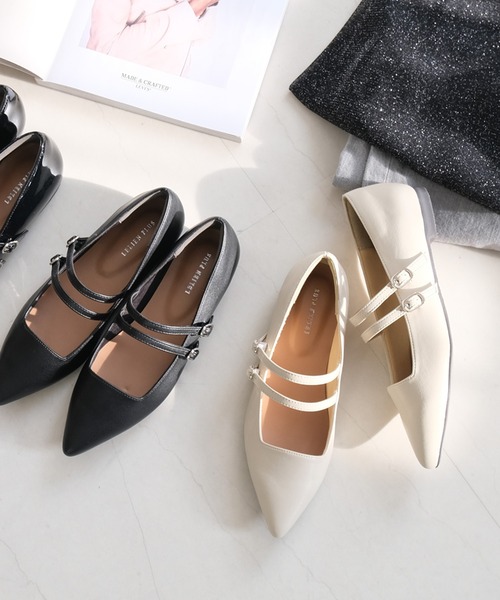 AmiAmi（アミアミ）の「メリージェーンパンプス/ダブルベルト ポインテッドトゥ（パンプス・レディース・ブラック/ブラック系その他/アイボリー/シルバー/グレイッシュベージュ/オフホワイト・L/LL/M/S/3L/SS）」の2枚目の写真