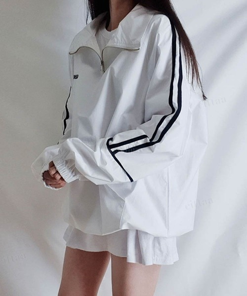 Dalfwin（ダールフィン）の「韓国ファッションGENIUSラインハーフジップトラックジャケット（ブルゾン・レディース・ホワイト/ブラック/レッド・FREE）」の2枚目の写真