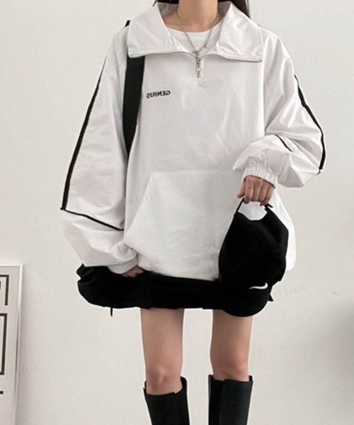 Dalfwin（ダールフィン）の「韓国ファッションGENIUSラインハーフジップトラックジャケット（ブルゾン・レディース・ホワイト/ブラック/レッド・FREE）」の4枚目の写真