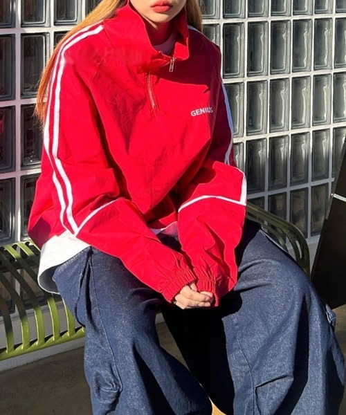 Dalfwin（ダールフィン）の「韓国ファッションGENIUSラインハーフジップトラックジャケット（ブルゾン・レディース・ホワイト/ブラック/レッド・FREE）」の12枚目の写真
