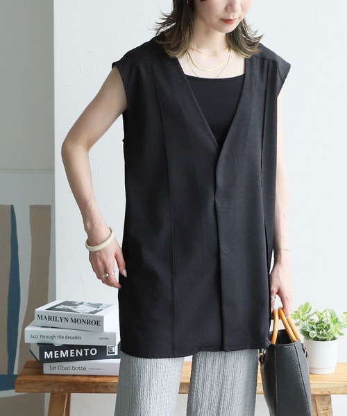 reca（レカ）の「リネンライクベスト（ベスト・レディース・キナリ/ブラック・M）」の2枚目の写真