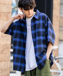 オーバーサイズ レギュラーカラー オンブレチェック半袖シャツ