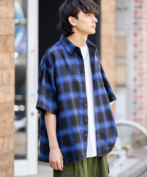 Rocky Monroe(ロッキーモンロー)の「オーバーサイズ レギュラーカラー オンブレチェック半袖シャツ(シャツ/ブラウス・メンズ・ブラック/パープル/イエロー/ブルー・M/L)」の11枚目の写真