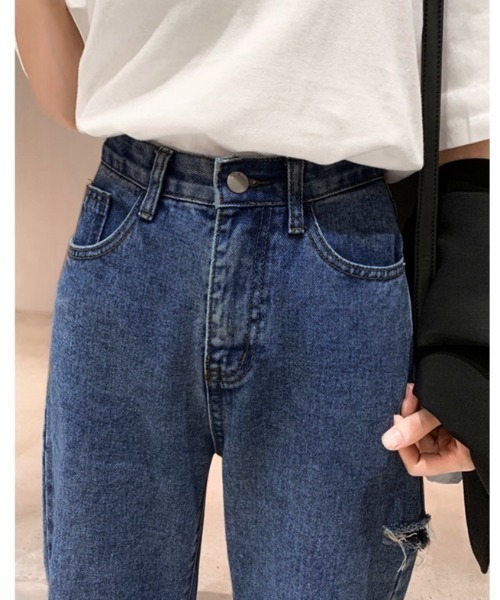 新品未使用タグ付き　ゆったりデニムパンツ セール】 〈洗濯機可能〉サイド スリット ストレート デニム