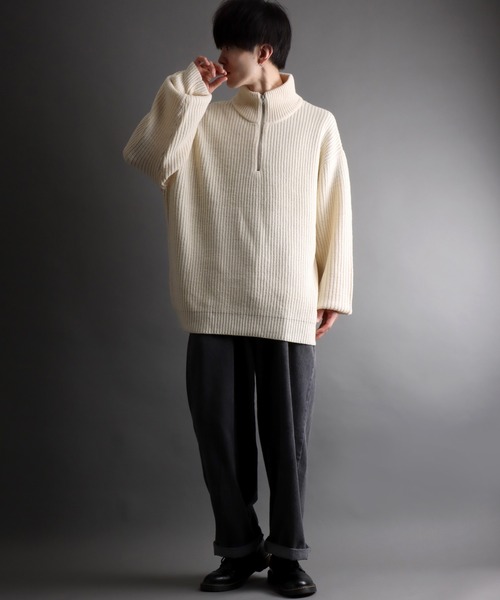 セール】ridge knitting half zip sweater/畦編み ハーフジップ