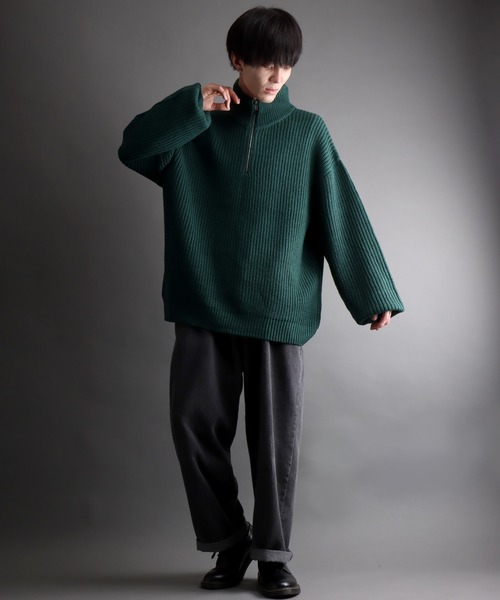 セール】ridge knitting half zip sweater/畦編み ハーフジップ