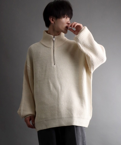 SITRY(シトリー)の「ridge knitting half zip sweater/畦編み ハーフジップ セーター/ニット(ニット/セーター・メンズ・アイボリー/ダークグレー/ブラック/グリーン・M/L)」の20枚目の写真