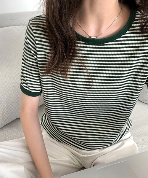 B.I.D.（ビーアイディー）の「ボーダー半袖Tシャツ（Tシャツ/カットソー・レディース・ブラック/ブラウン/グリーン・FREE）」の3枚目の写真