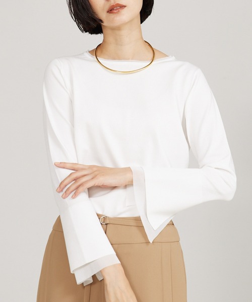 qualite(カリテ)の「【入卒/セレモニー/オケージョン】フレアスリーブニット(ニット/セーター・レディース・ライム/ダークネイビー/オフホワイト・フリー)」の2枚目の写真