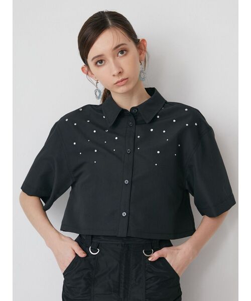 MURUA（ムルーア）の「ラインストーンクロップトシャツ（シャツ/ブラウス・レディース・ホワイト/ブルー/ブラック・FREE）」の6枚目の写真