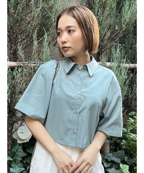 MURUA（ムルーア）の「ラインストーンクロップトシャツ（シャツ/ブラウス・レディース・ホワイト/ブルー/ブラック・FREE）」の19枚目の写真