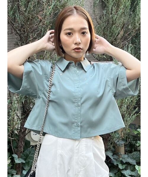 MURUA（ムルーア）の「ラインストーンクロップトシャツ（シャツ/ブラウス・レディース・ホワイト/ブルー/ブラック・FREE）」の21枚目の写真