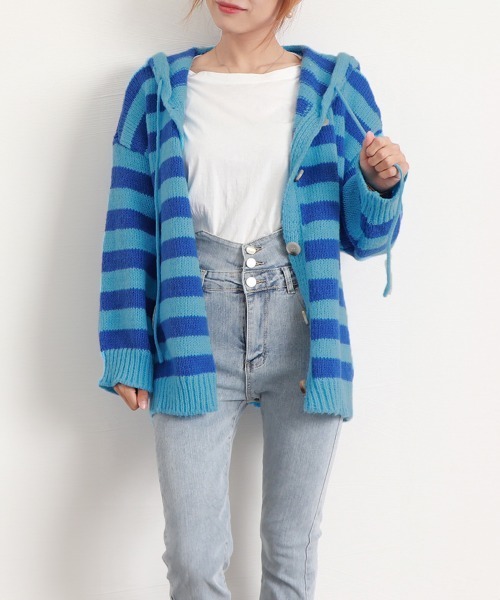 Miniministore(ミニミニストア)の「ボーダー柄ニットカーディガン 韓国羽織り(カーディガン/ボレロ・レディース・ブラウン/ブルー・FREE)」の7枚目の写真