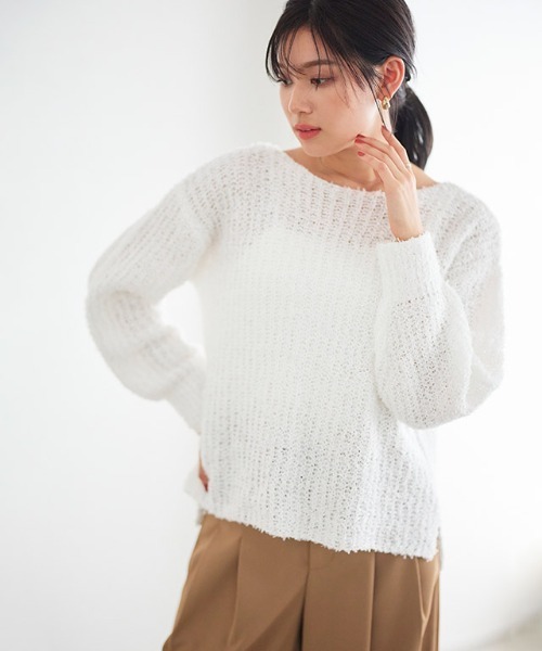 Pierrot(ピエロ)の「リボンヤーンボートネックニット(ニット/セーター・レディース・ホワイト×ブラック/オフホワイト/ライトイエロー・M/L)」の14枚目の写真