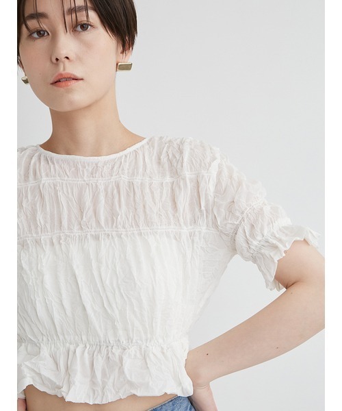 emmi（エミ）の「ワッシャーシフォンシャーリングトップス（Tシャツ/カットソー・レディース・ホワイト/ブラック/ピンク・FREE）」の13枚目の写真