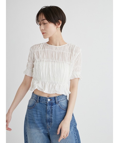 emmi（エミ）の「ワッシャーシフォンシャーリングトップス（Tシャツ/カットソー・レディース・ホワイト/ブラック/ピンク・FREE）」の7枚目の写真