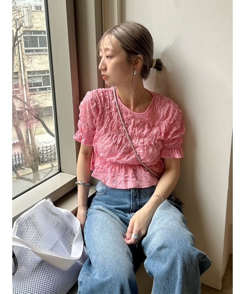 emmi（エミ）の「ワッシャーシフォンシャーリングトップス（Tシャツ/カットソー・レディース・ホワイト/ブラック/ピンク・FREE）」の20枚目の写真