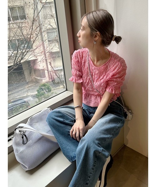 emmi（エミ）の「ワッシャーシフォンシャーリングトップス（Tシャツ/カットソー・レディース・ホワイト/ブラック/ピンク・FREE）」の21枚目の写真