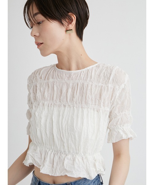 emmi（エミ）の「ワッシャーシフォンシャーリングトップス（Tシャツ/カットソー・レディース・ホワイト/ブラック/ピンク・FREE）」の9枚目の写真