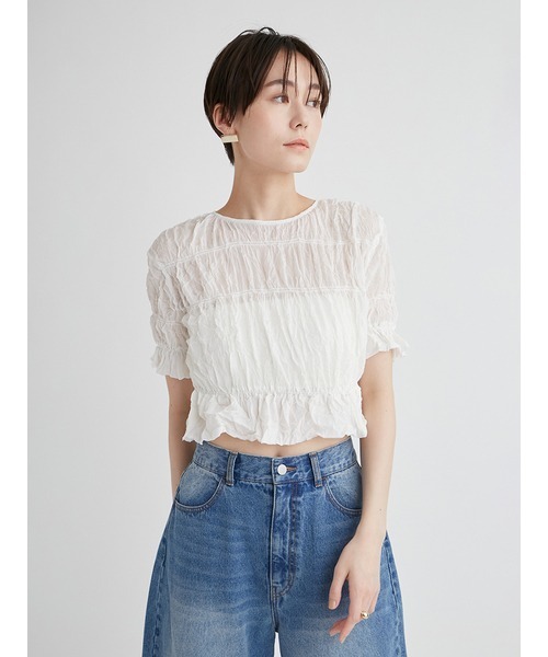 emmi（エミ）の「ワッシャーシフォンシャーリングトップス（Tシャツ/カットソー・レディース・ホワイト/ブラック/ピンク・FREE）」の6枚目の写真