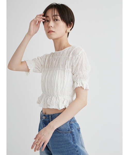 emmi（エミ）の「ワッシャーシフォンシャーリングトップス（Tシャツ/カットソー・レディース・ホワイト/ブラック/ピンク・FREE）」の8枚目の写真