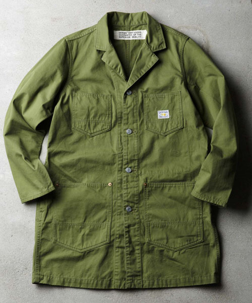 Denime(ドゥニーム)の「【MadeInJapan】ENGINEER SHOP COAT/エンジニアショップコート(ステンカラーコート・メンズ・オフホワイト/ネイビー/オリーブ・MEDIUM/LARGE/SMALL)」の2枚目の写真