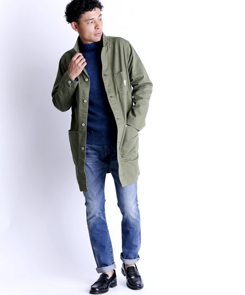 Denime（ドゥニーム）の「【Made In Japan】ENGINEER SHOP COAT/エンジニアショップコート（ステンカラーコート・メンズ・ネイビー/オフホワイト/オリーブ・LARGE/MEDIUM/SMALL）」の6枚目の写真
