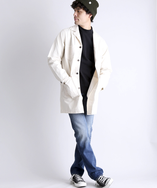 Denime(ドゥニーム)の「【MadeInJapan】ENGINEER SHOP COAT/エンジニアショップコート(ステンカラーコート・メンズ・オフホワイト/ネイビー/オリーブ・MEDIUM/LARGE/SMALL)」の6枚目の写真