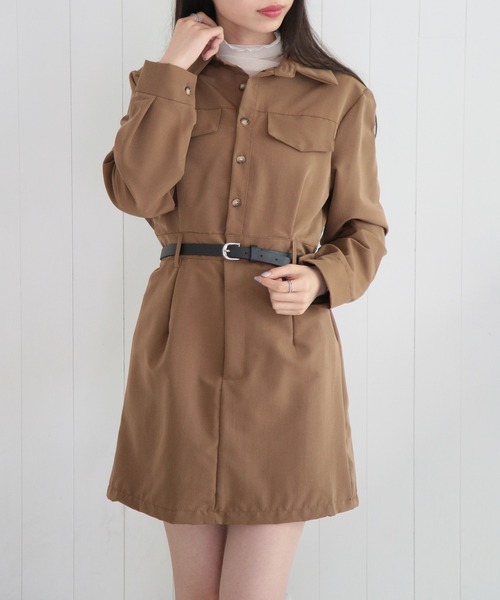 MAISON BREEZE(メゾンブリーズ)の「【MAISON BREEZE】シャーリングポケットシャツミニワンピース SCCH529(ワンピース・レディース・ブラック/ベージュ・FREE)」の1枚目の写真