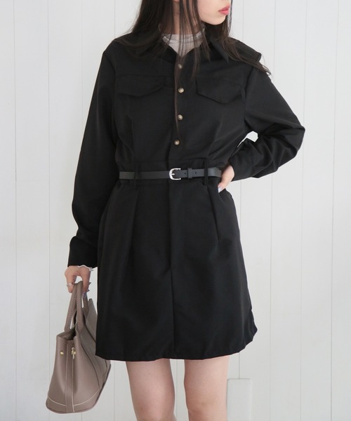 MAISON BREEZE(メゾンブリーズ)の「【MAISON BREEZE】シャーリングポケットシャツミニワンピース SCCH529(ワンピース・レディース・ブラック/ベージュ・FREE)」の2枚目の写真