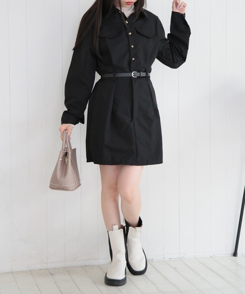 MAISON BREEZE(メゾンブリーズ)の「【MAISON BREEZE】シャーリングポケットシャツミニワンピース SCCH529(ワンピース・レディース・ブラック/ベージュ・FREE)」の12枚目の写真