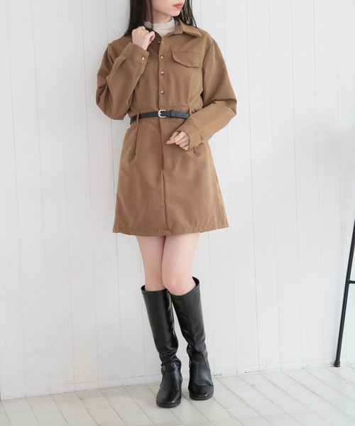 MAISON BREEZE(メゾンブリーズ)の「【MAISON BREEZE】シャーリングポケットシャツミニワンピース SCCH529(ワンピース・レディース・ブラック/ベージュ・FREE)」の6枚目の写真