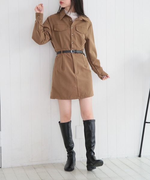 MAISON BREEZE(メゾンブリーズ)の「【MAISON BREEZE】シャーリングポケットシャツミニワンピース SCCH529(ワンピース・レディース・ブラック/ベージュ・FREE)」の7枚目の写真