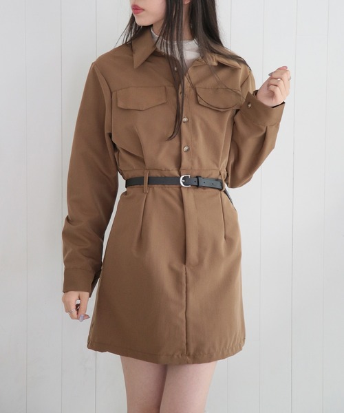 MAISON BREEZE(メゾンブリーズ)の「【MAISON BREEZE】シャーリングポケットシャツミニワンピース SCCH529(ワンピース・レディース・ブラック/ベージュ・FREE)」の3枚目の写真