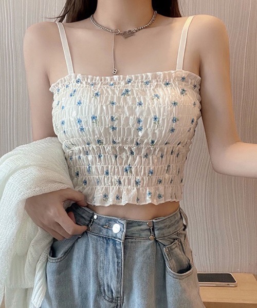 Miniministore(ミニミニストア)の「カップ付き シャーリング花柄キャミソール(キャミソール・レディース・イエロー/グリーン/ピンク/ブルー・FREE)」の1枚目の写真