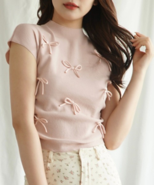 Jasmine Grandiflorum(ジャスミングランディフローラム)の「【Jasmine】リボンノンスリーブニットトップス (SS)(Tシャツ/カットソー・レディース・ブラック/ブルー/ベージュ/ライトグリーン/ピンク・FREE)」の5枚目の写真