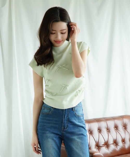 Jasmine Grandiflorum(ジャスミングランディフローラム)の「【Jasmine】リボンノンスリーブニットトップス (SS)(Tシャツ/カットソー・レディース・ブラック/ブルー/ベージュ/ライトグリーン/ピンク・FREE)」の15枚目の写真