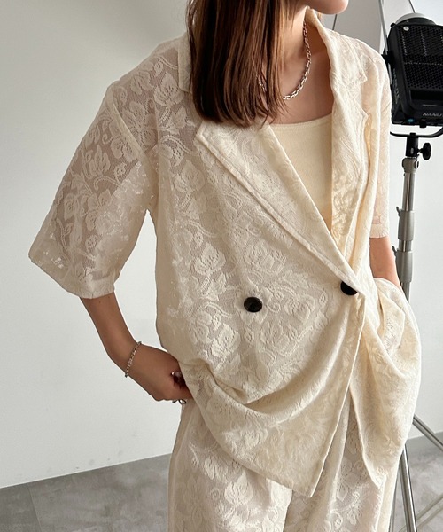 apres jour mignon（アプレジュールミニョン）の「アソートシアーレースジャケット【SET UP可能】【ZOZOTOWN限定アイテム】（テーラードジャケット・レディース・チャコールグレー/ブラック系その他2/ダークブルー/アイボリー/ブラック・X-LARGE/フリー）」の2枚目の写真