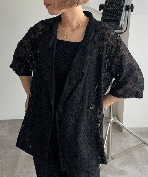 apres jour mignon（アプレジュールミニョン）の「アソートシアーレースジャケット【SET UP可能】【ZOZOTOWN限定アイテム】（テーラードジャケット・レディース・チャコールグレー/ブラック系その他2/ダークブルー/アイボリー/ブラック・X-LARGE/フリー）」の3枚目の写真