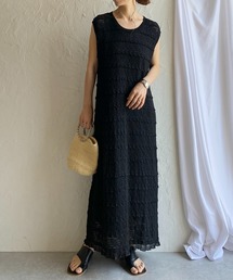 透かし編みノースリーブシアーフリルIラインロングワンピース