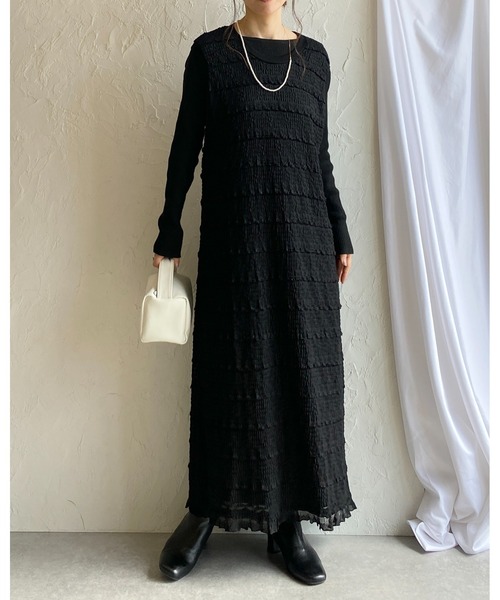 She's Closet(シーズクローゼット)の「透かし編みノースリーブシアーフリルIラインロングワンピース(ワンピース・レディース・アイボリー/ブラック・FREE)」の4枚目の写真