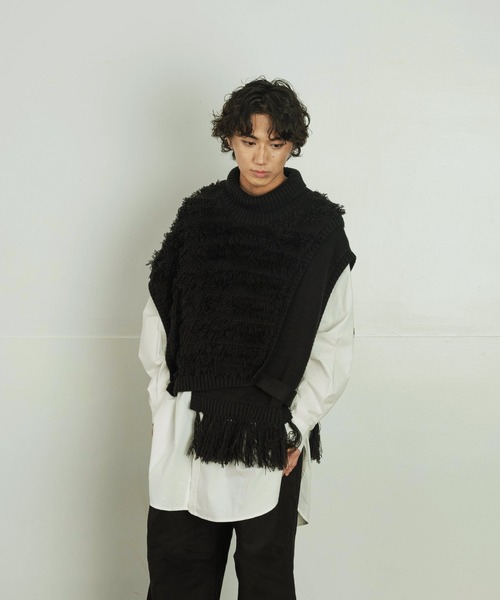 【セール】5G カシミヤタッチ アシンメトリー ヘムタッセル タートルネック フリンジニットベスト（ベスト）｜Aphlotus（アプロタス）