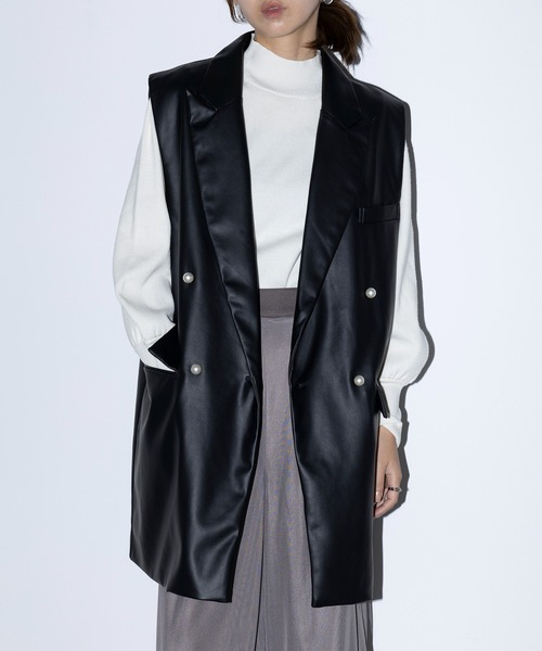 【MAISON BREEZE reveur】エコレザーテーラードパールボタンジャケットベスト trc