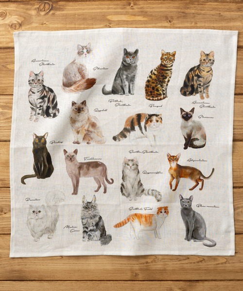 大きめ リネンハンカチ 猫や犬 デザイン（ハンカチ/ハンドタオル