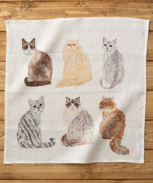 セール】大きめ リネンハンカチ 猫や犬 デザイン（ハンカチ/ハンド