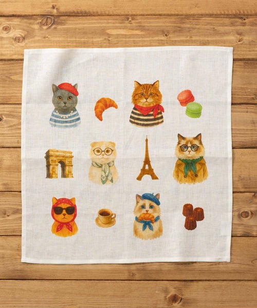 大きめ リネンハンカチ 猫や犬 デザイン（ハンカチ/ハンドタオル