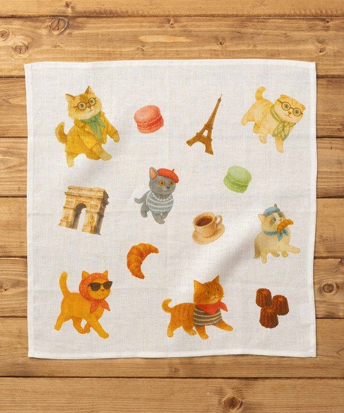 大きめ リネンハンカチ 猫や犬 デザイン（ハンカチ/ハンドタオル