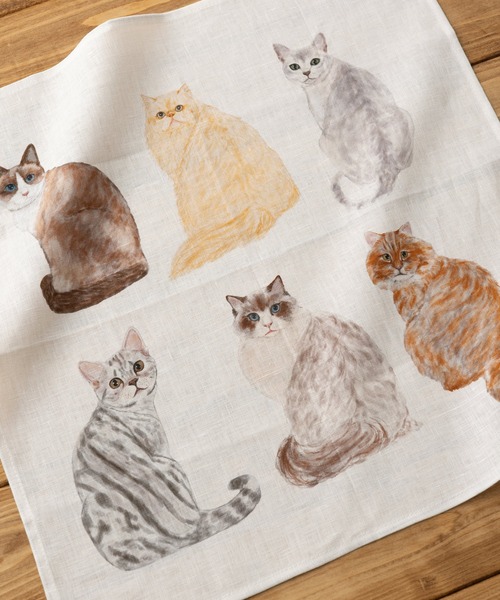 大きめ リネンハンカチ 猫や犬 デザイン（ハンカチ/ハンドタオル