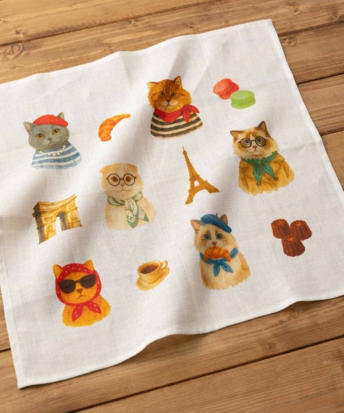 大きめ リネンハンカチ 猫や犬 デザイン（ハンカチ/ハンドタオル